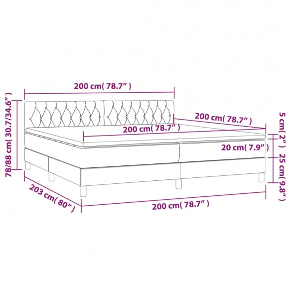 Sommier à lattes de lit et matelas et LED Gris foncé 200x200 cm