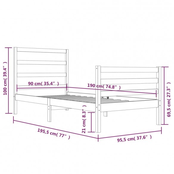 Cadre de lit bois de pin massif 90x190 cm simple