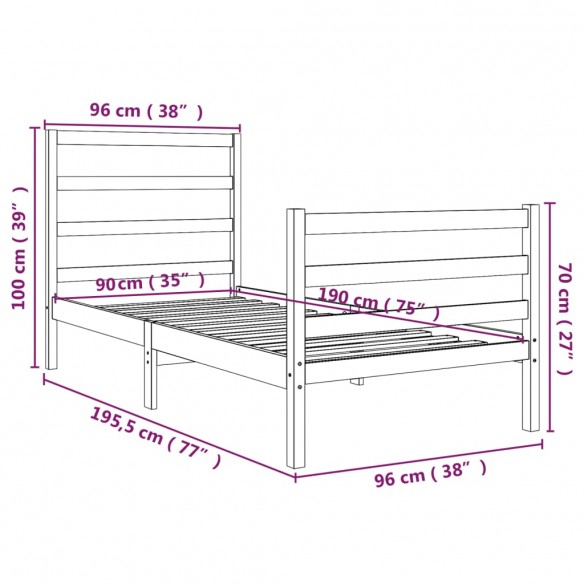 Cadre de lit bois de pin massif 90x190 cm simple