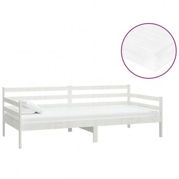 Lit de repos avec matelas 90x200 cm Blanc Bois de pin massif