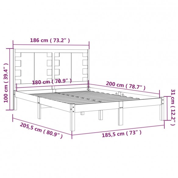 Cadre de lit Noir Bois massif 180x200 cm Super King