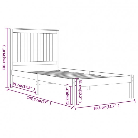 Cadre de lit Noir Bois de pin massif 75x190 cm Petit simple