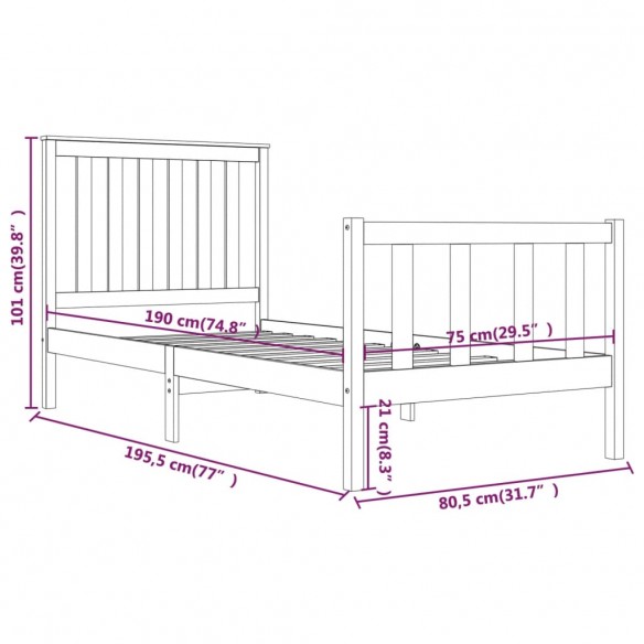 Cadre de lit Noir Bois de pin massif 75x190 cm Petit simple