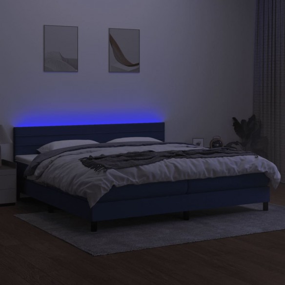 Sommier à lattes de lit et matelas et LED Bleu 200x200 cm Tissu