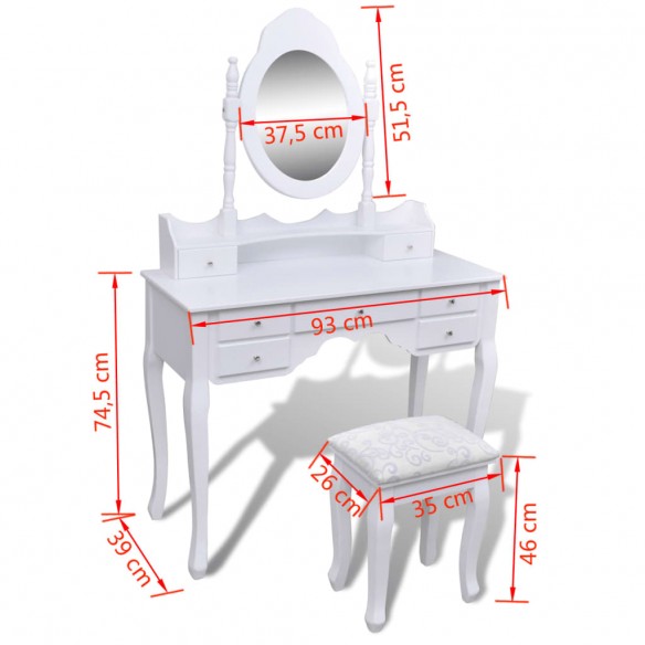 Coiffeuse avec miroir et tabouret 7 tiroirs Blanc