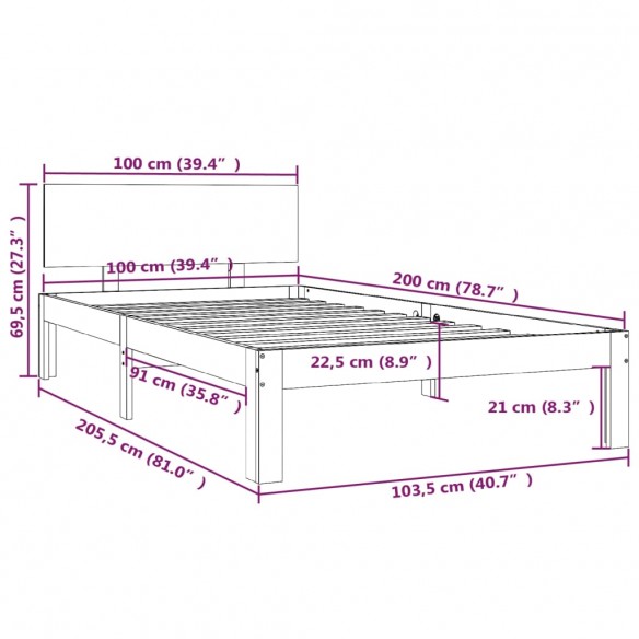 Cadre de lit Gris Bois de pin massif 100x200 cm