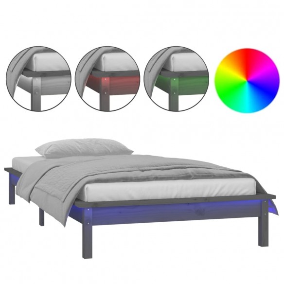Cadre de lit à LED gris 90x190 cm simple bois massif