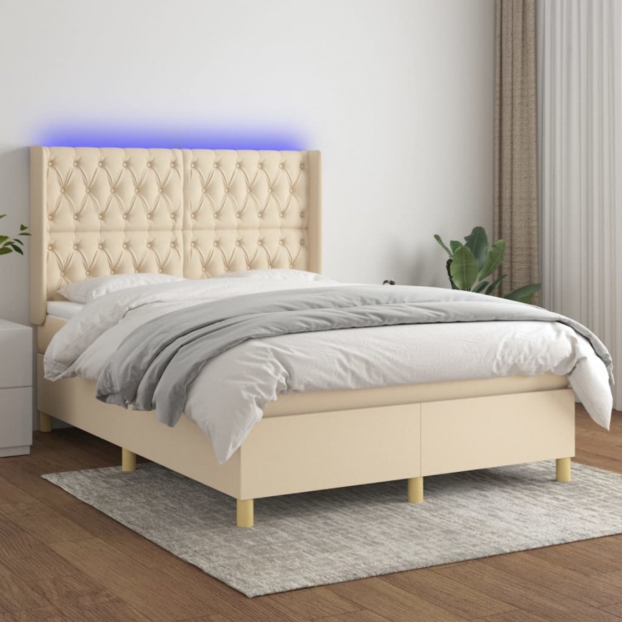 Sommier à lattes de lit matelas et LED Crème 140x190 cm Tissu