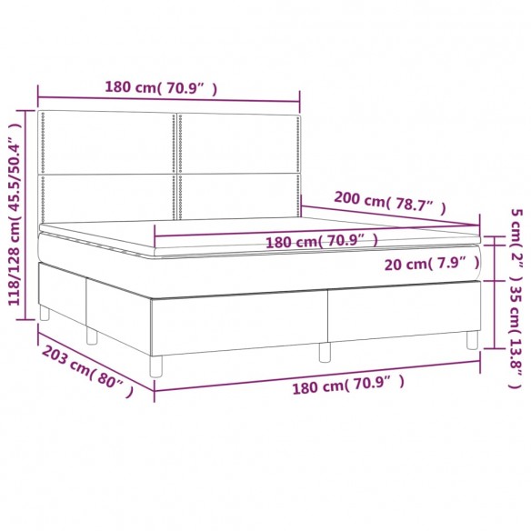 Cadre de lit et matelas et LED Noir 180x200 cm Tissu