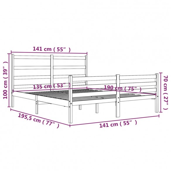 Cadre de lit Noir Bois de pin massif 135x190 cm Double