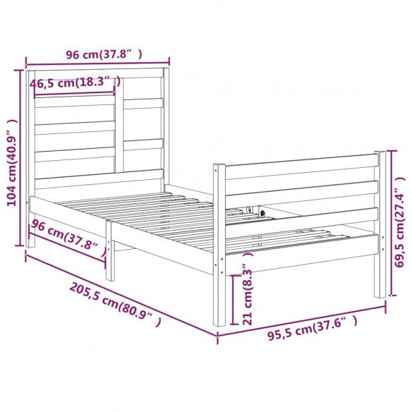 Cadre de lit Gris Bois massif 90x200 cm