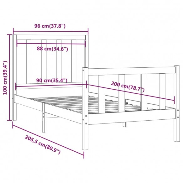 Cadre de lit Blanc Bois massif 90x200 cm