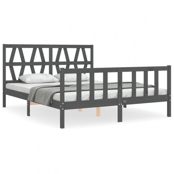 Cadre de lit avec tête de lit gris King Size bois massif
