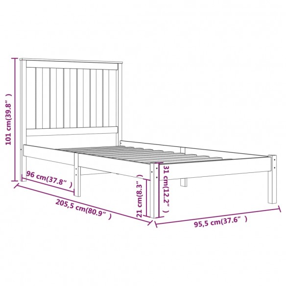 Cadre de lit Gris Bois de pin massif 90x200 cm