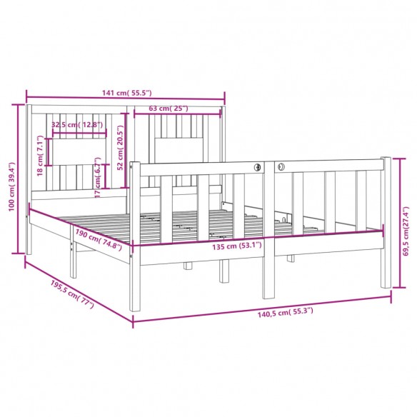 Cadre de lit Blanc Bois massif 135x190 cm Double