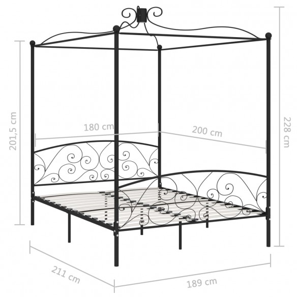Cadre de lit à baldaquin Noir Métal 180 x 200 cm