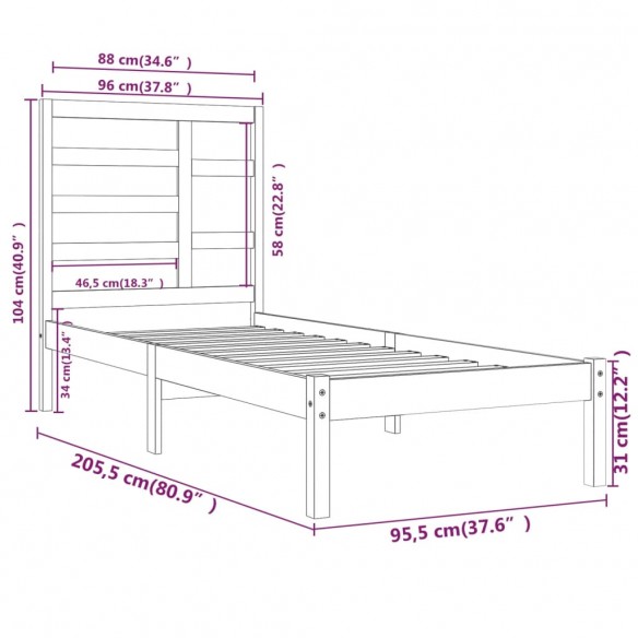 Cadre de lit Blanc Bois massif 90x200 cm