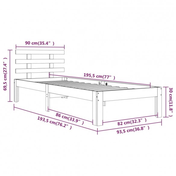 Cadre de lit bois massif 90x190 cm simple