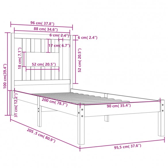 Cadre de lit Bois de pin massif 90x200 cm