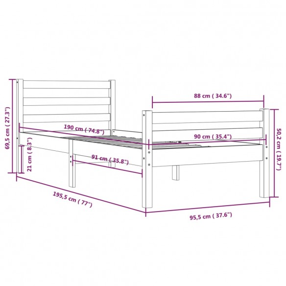 Cadre de lit Gris Bois massif 90x190 cm Simple