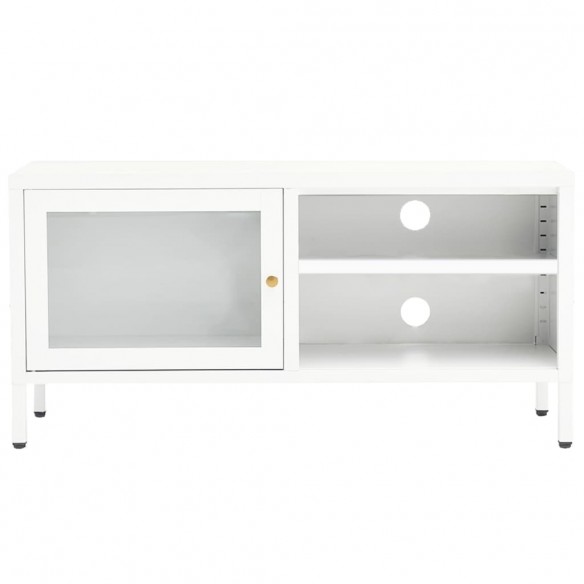 Meuble TV Blanc 90x30x44 cm Acier et verre