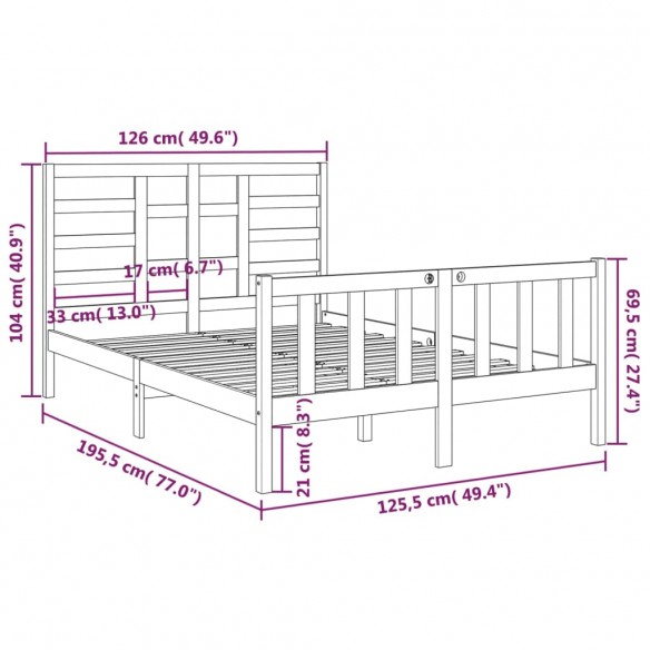 Cadre de lit Marron miel Bois massif 120x190 cm Petit Double