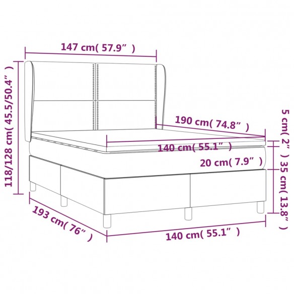 Cadre de lit avec matelas Marron foncé 140x190 cm