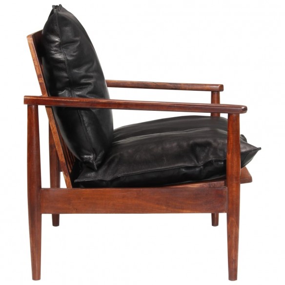 Canapé 2 places noir cuir véritable et bois d'acacia solide