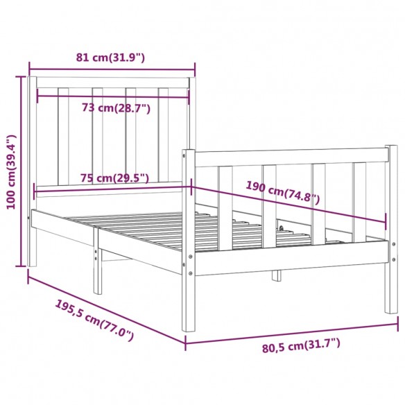 Cadre de lit Noir Bois massif 75x190 cm Petit simple