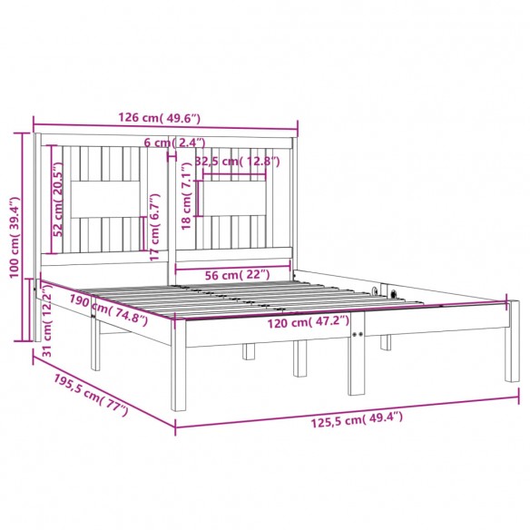 Cadre de lit Marron miel Bois massif 120x190 cm Petit Double