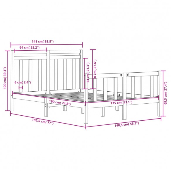 Cadre de lit Gris Bois massif 135x190 cm Double