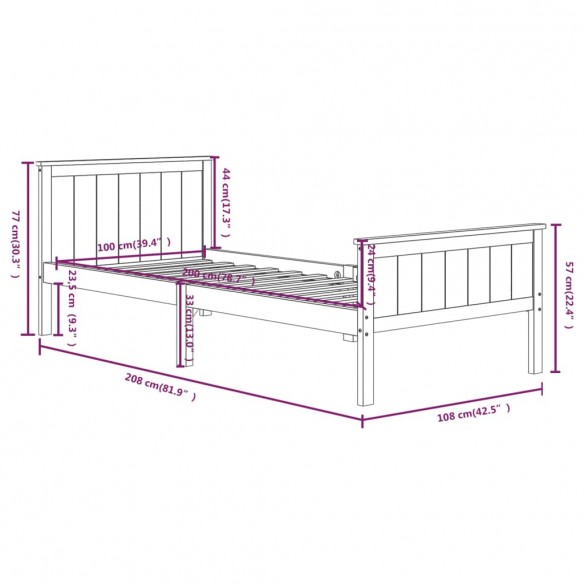 Cadre de lit Marron foncé Bois de pin massif 100x200 cm