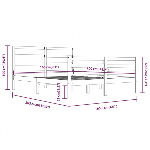 Cadre de lit Gris Bois de pin massif 160x200 cm