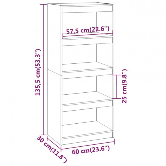 Bibliothèque/Séparateur de pièce Gris 60x30x135,5 cm Pin solide