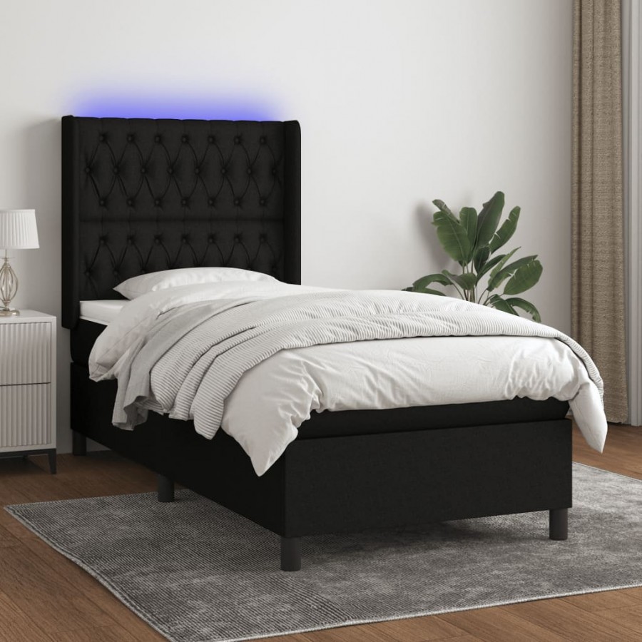 Sommier à lattes de lit matelas et LED Noir 90x190 cm Tissu