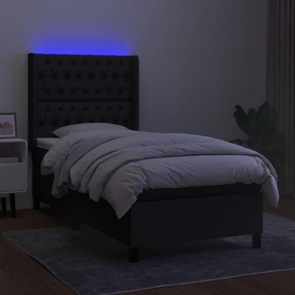 Sommier à lattes de lit matelas et LED Noir 90x190 cm Tissu