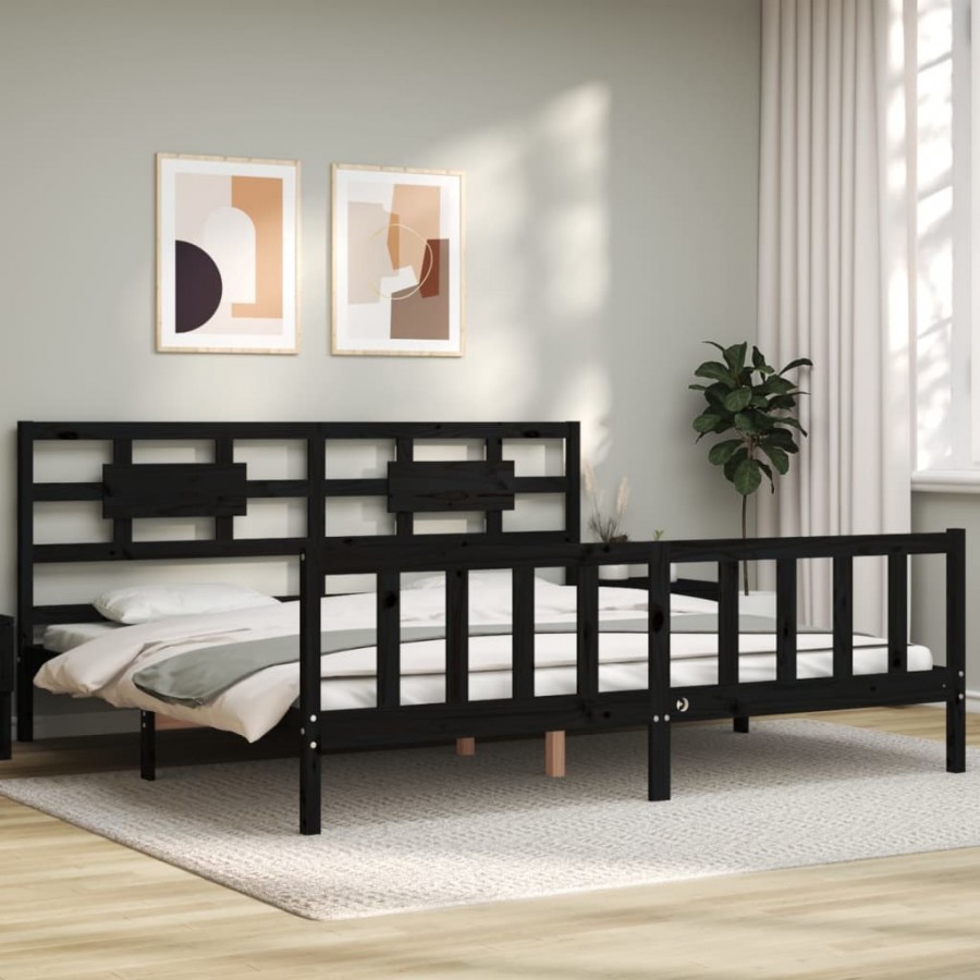Cadre de lit avec tête de lit noir Super King Size bois massif