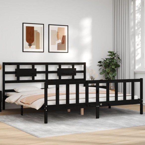 Cadre de lit avec tête de lit noir Super King Size bois massif