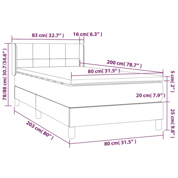 Cadre de lit et matelas Noir 80x200 cm Tissu