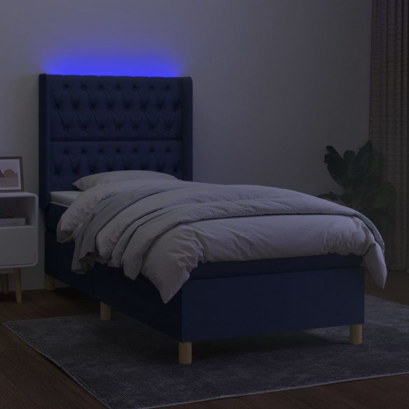Sommier à lattes de lit matelas et LED Bleu 90x200 cm Tissu