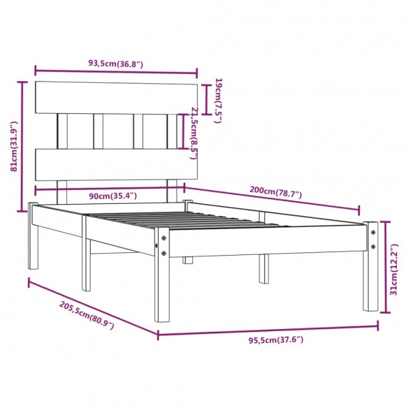 Cadre de lit Blanc Bois massif 90x200 cm