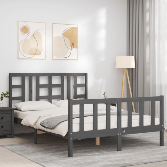 Cadre de lit avec tête de lit gris double bois massif