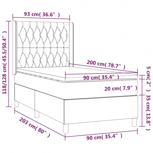 Cadre de lit matelas et LED Noir 90x200 cm Tissu