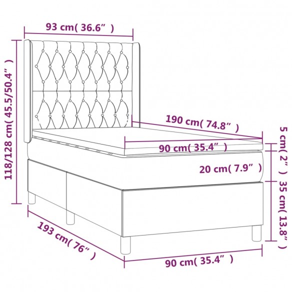 Sommier à lattes de lit matelas et LED Noir 90x190 cm Tissu