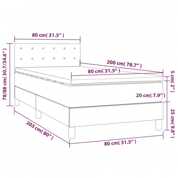 Cadre de lit et matelas et LED Marron foncé 80x200cm