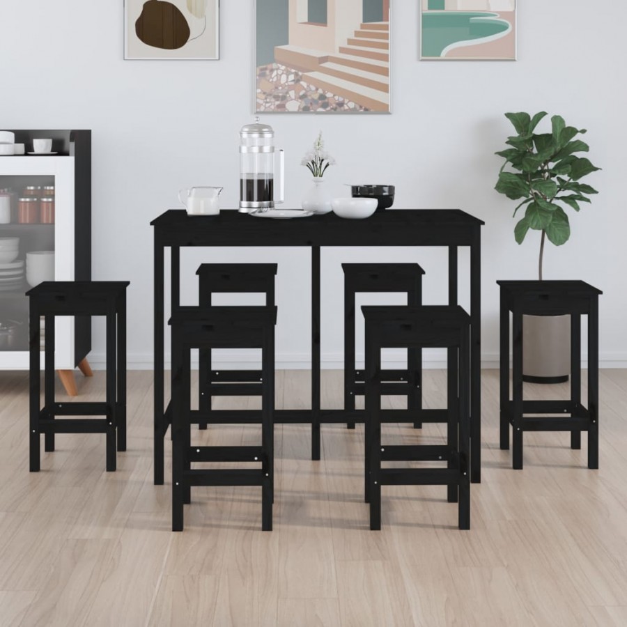 Ensemble de bar 7 pcs Noir Bois de pin massif