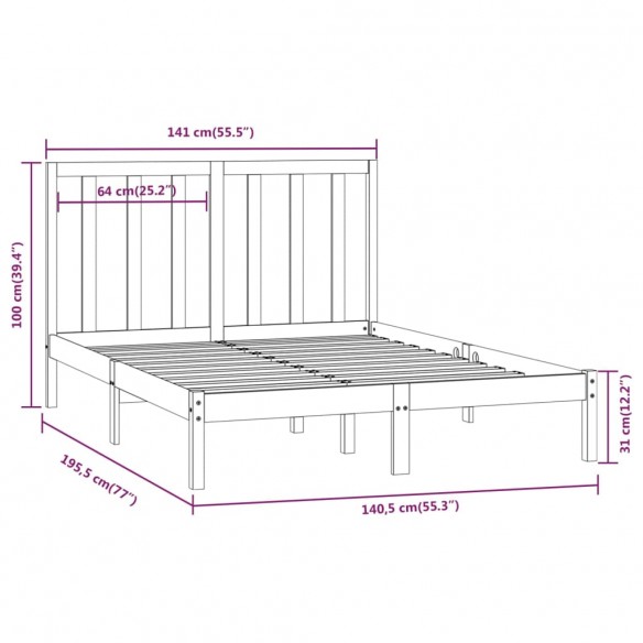 Cadre de lit bois de pin massif 135x190 cm double