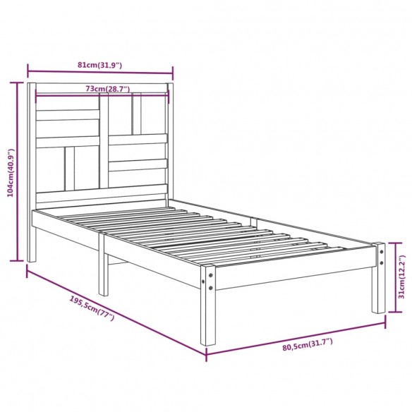 Cadre de lit Noir Bois massif 75x190 cm Petit simple