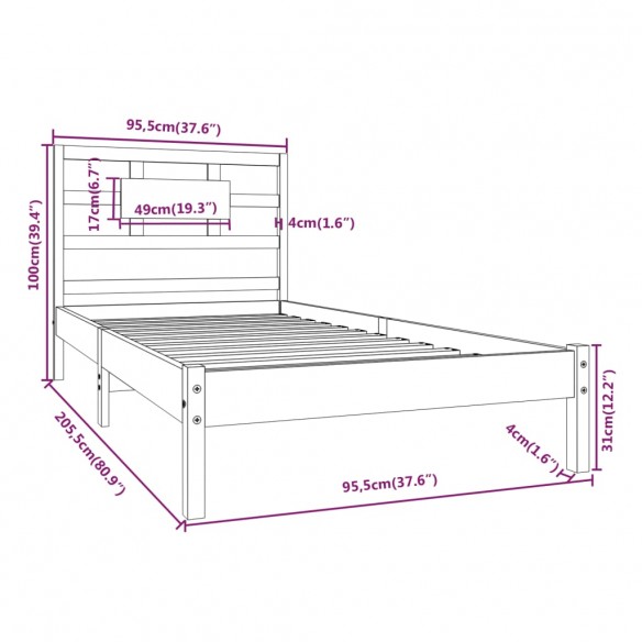 Cadre de lit Gris Bois massif 90x200 cm