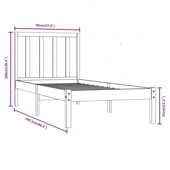 Cadre de lit Gris Bois de pin massif 90x200 cm